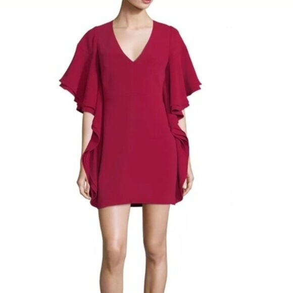 Halston Heritage V Neck Draped Sleeve Dress - Crimson 6 - Picture 1 of 9